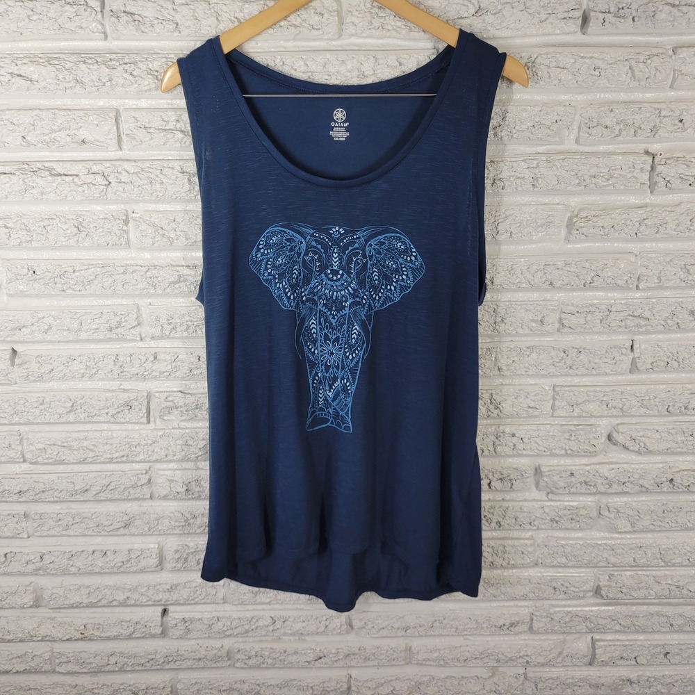 Gaiam Womens XXL Blue Tank Top Elephant Mandala Yoga Sleeveless Pullover Stretch